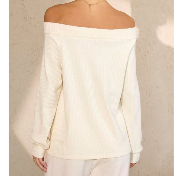 Solid Teal Green Off shoulder Loose Fit Long sleeve Top - Picture 7 of 8